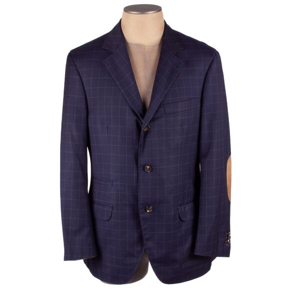 BRUNELLO CUCINELLI Navy Wool Check Suede Elbow Patch Sport Coat Jacket Sz IT 50